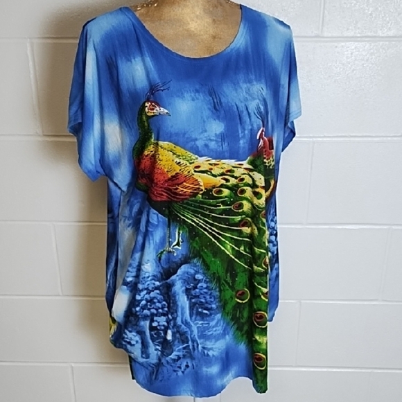 Lightweight Stretchy Peacock Print Blue Women's coverup Lounge Top - Picture 1 of 11